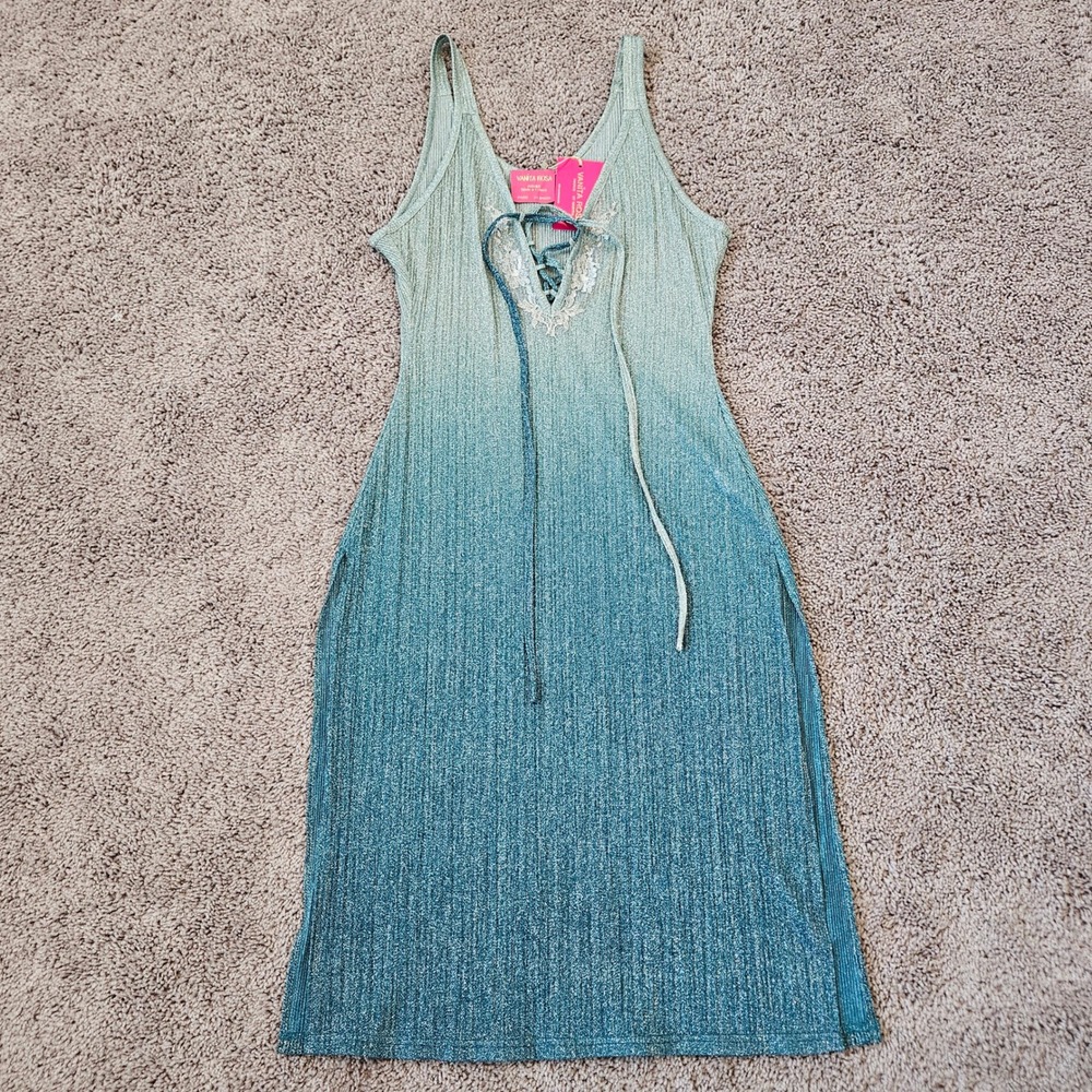 Vanita Rosa Nayad Maille Sky Dress Size OS Teal NEW Ombre Metallic Lurex Midi‎